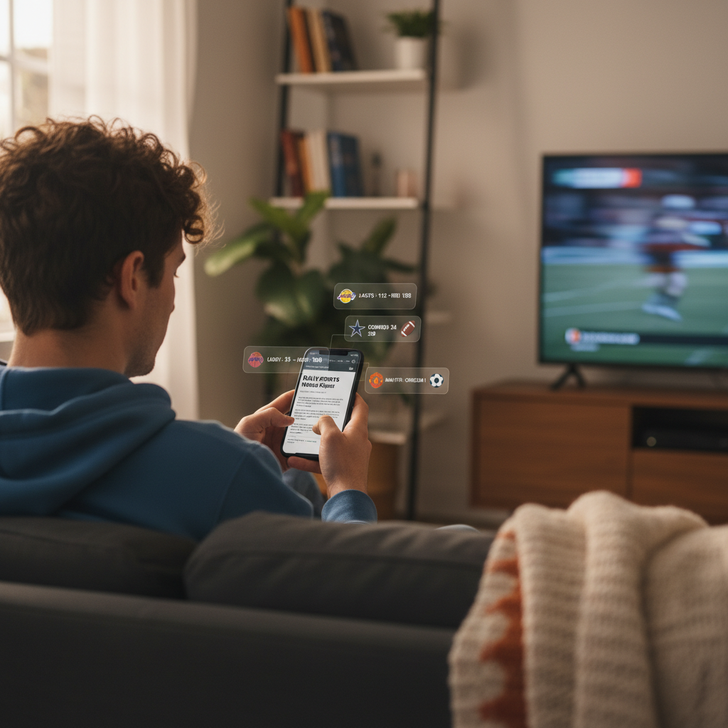 Sports fan checking a daily sports news digest on a mobile phone with multiple sports score notifications
