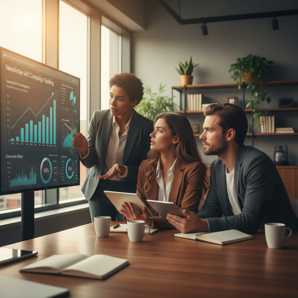 Marketing team analyzing newsletter ad campaign scaling metrics on a dashboard