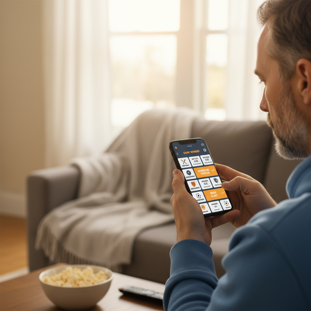 Sports fan checking news on mobile app with multiple league notifications on screen