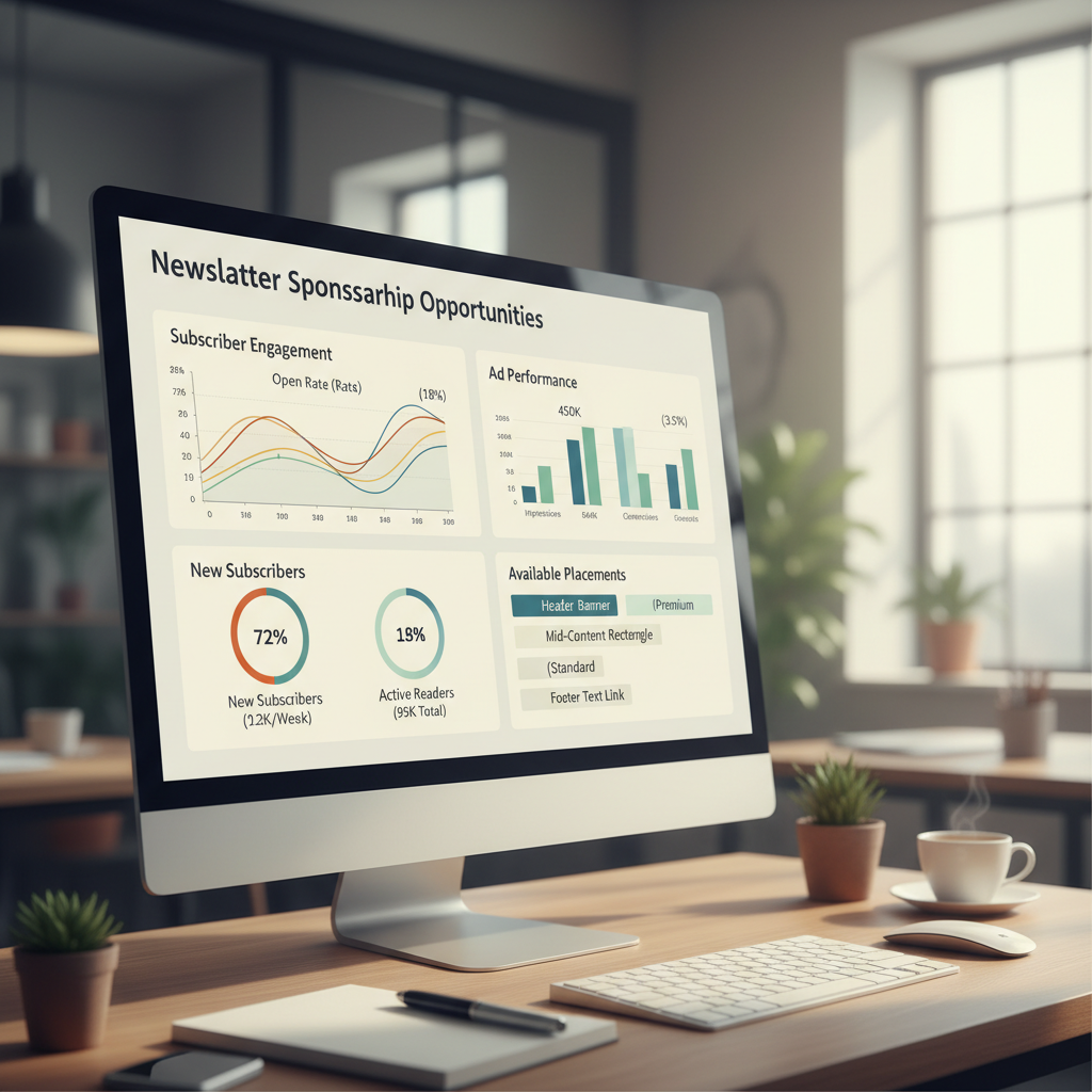 Newsletter sponsorship opportunities dashboard showing subscriber engagement metrics and ad performance data