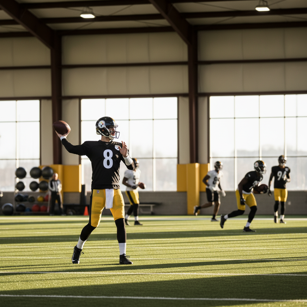 NFL quarterback Aaron Rodgers in Steelers uniform at Pittsburgh training facility