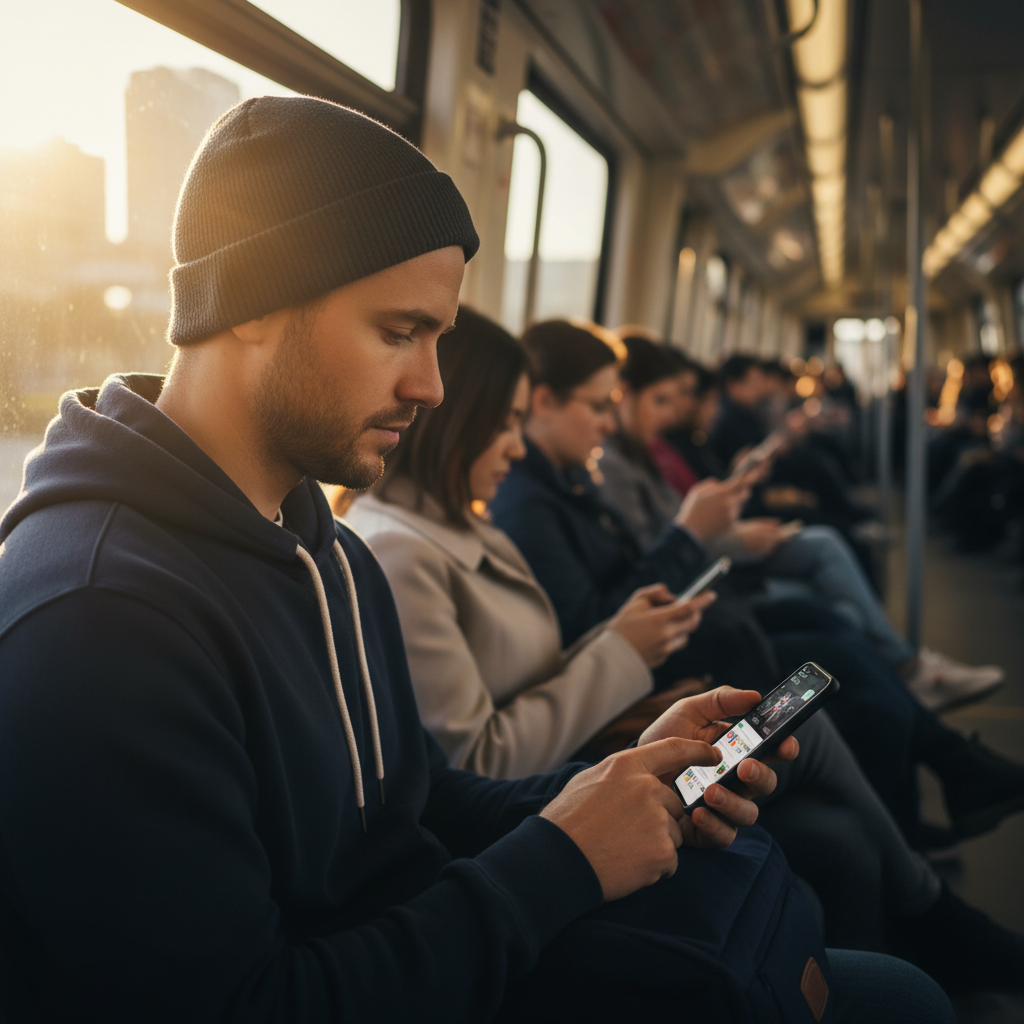 Sports fan checking quick sports news updates on a smartphone during a commute