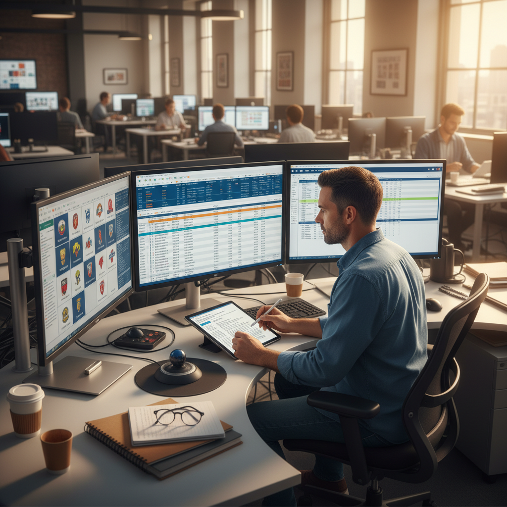 Sports journalist reviewing wire service reports and data-driven sports news on multiple screens in a newsroom