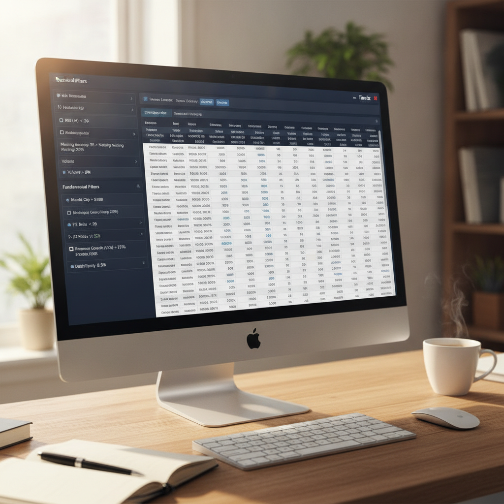 Finviz screener interface showing multi-factor advanced stock screening strategies with technical and fundamental filters