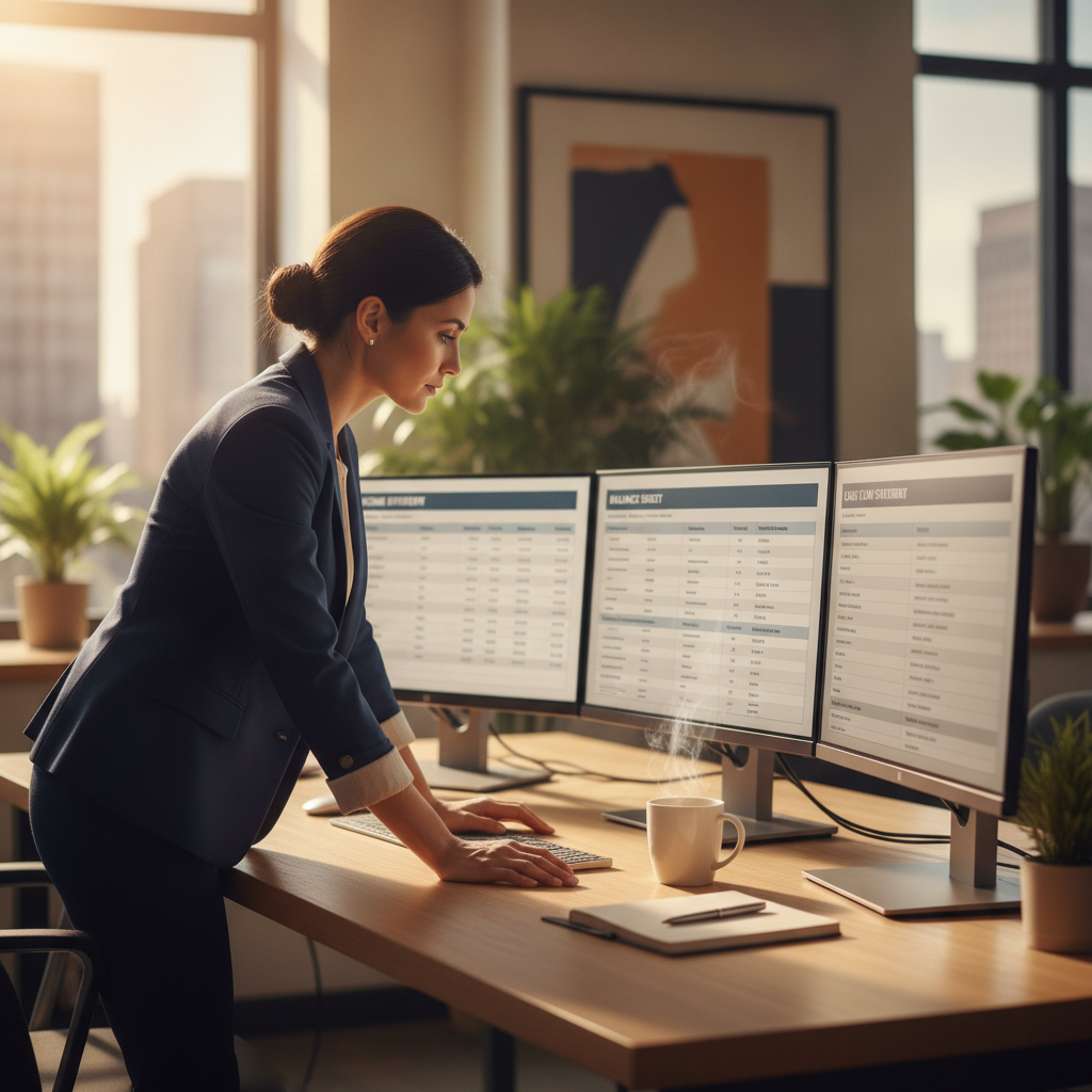 Analyst reviewing income statement balance sheet and cash flow statement side by side