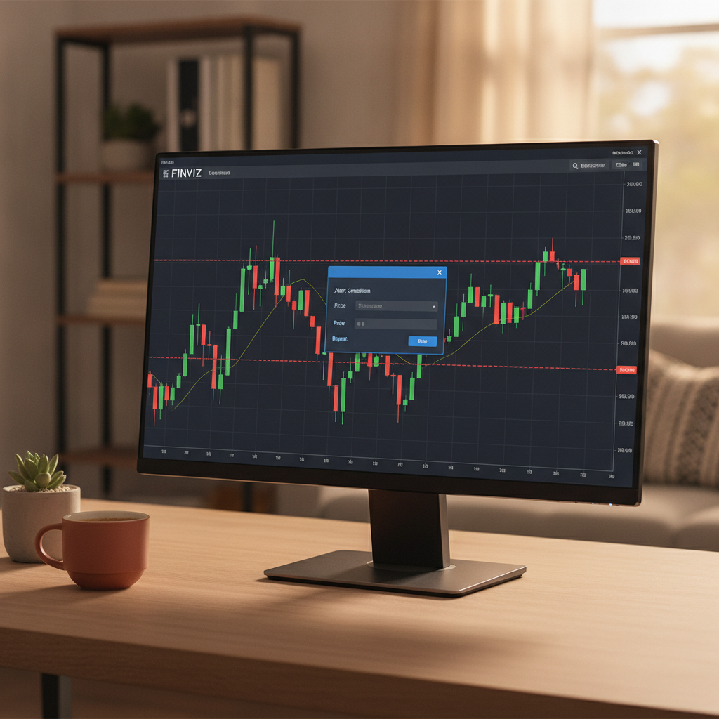 Finviz stock chart showing a price alert configuration dialog with support and resistance levels marked
