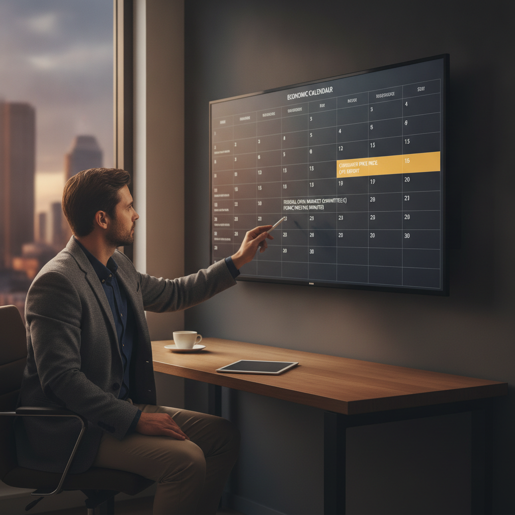 trader reviewing an economic calendar with CPI and FOMC events highlighted