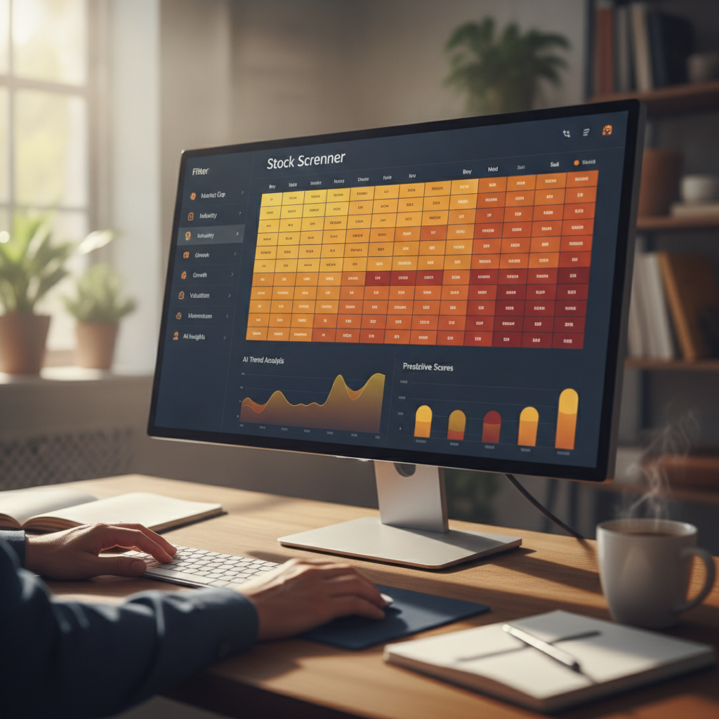 Stock screener with AI features dashboard showing filter categories and heatmap visualization