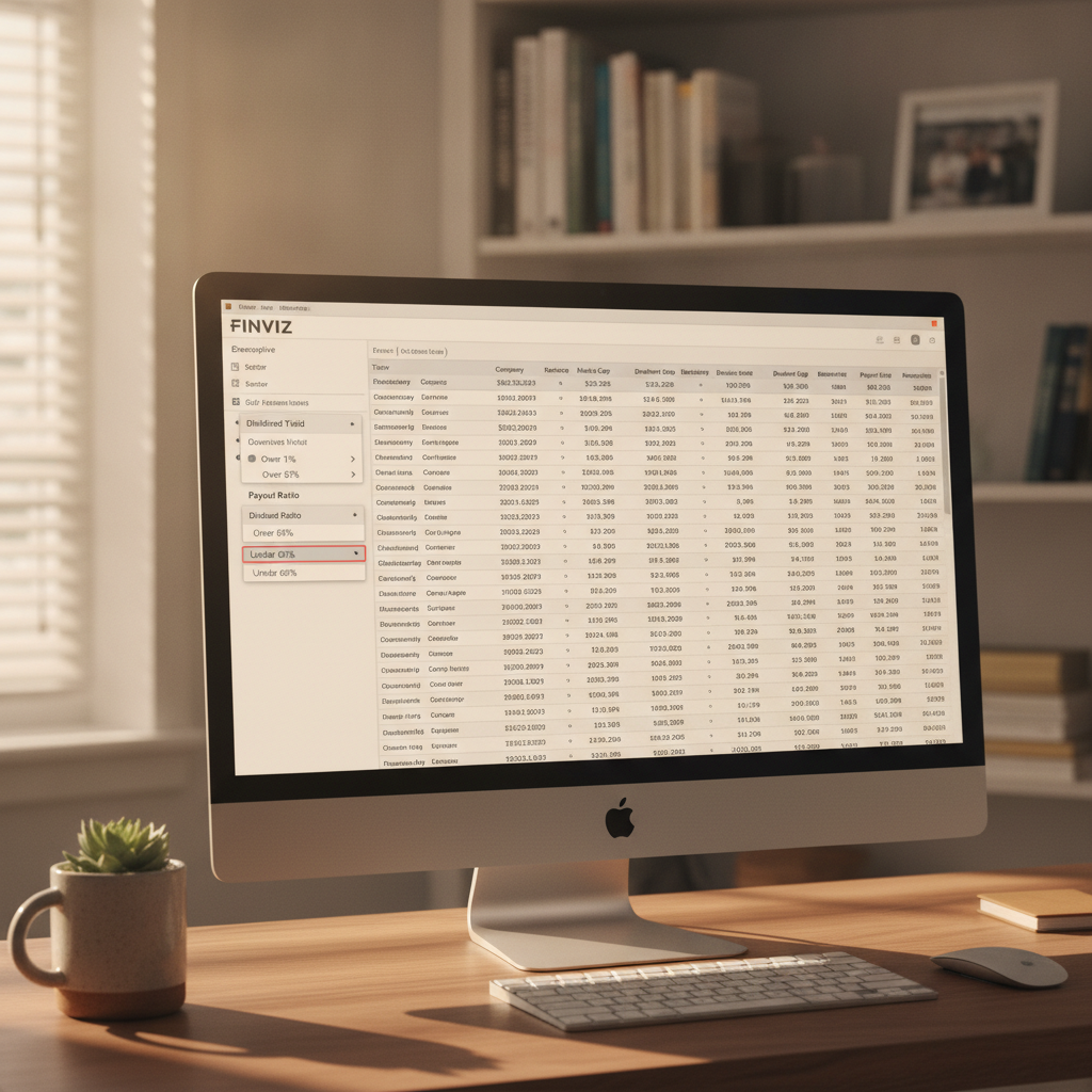 Finviz stock screener interface showing dividend yield and payout ratio filters for dividend stock analysis