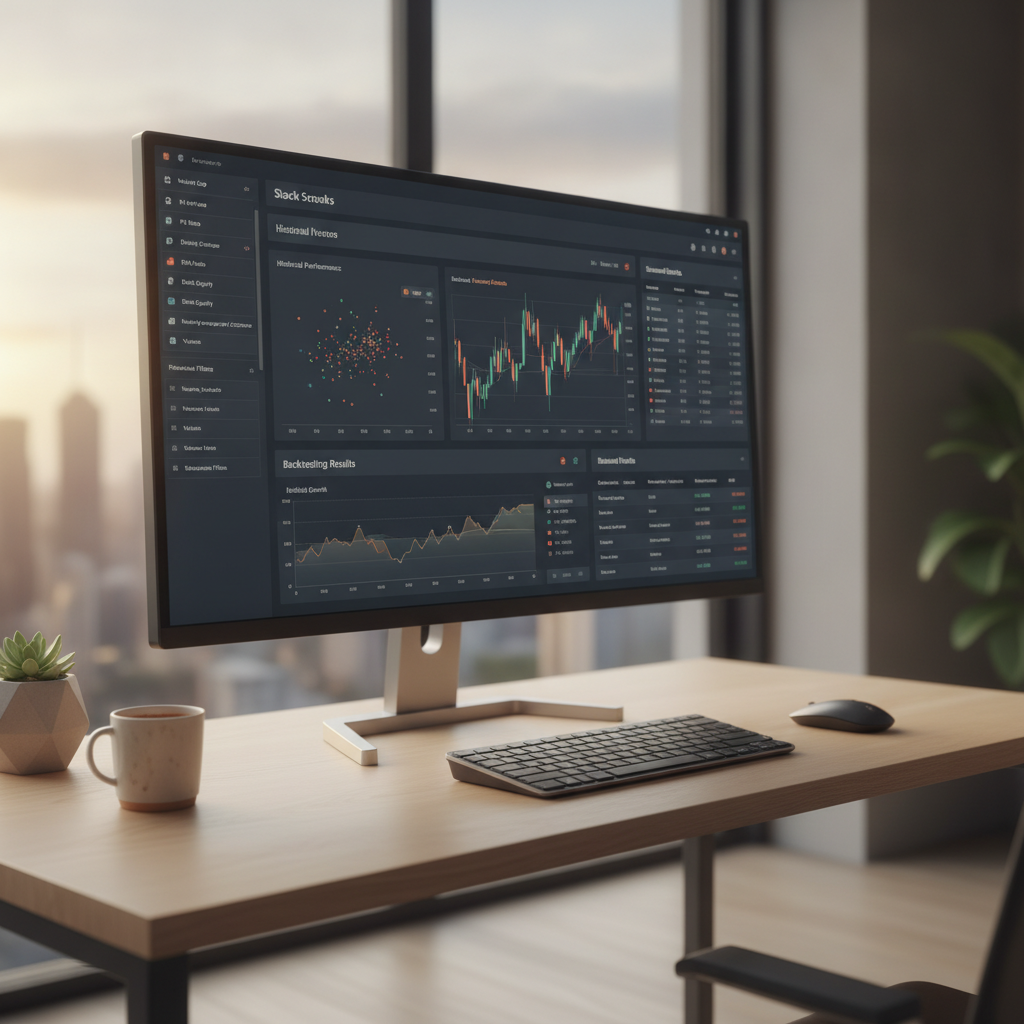 Stock screener with backtesting dashboard showing fundamental and technical filters