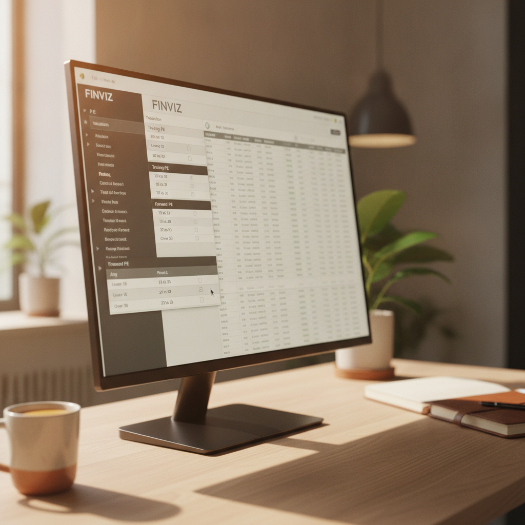 Finviz stock screener interface showing P/E ratio filter options for trailing and forward earnings