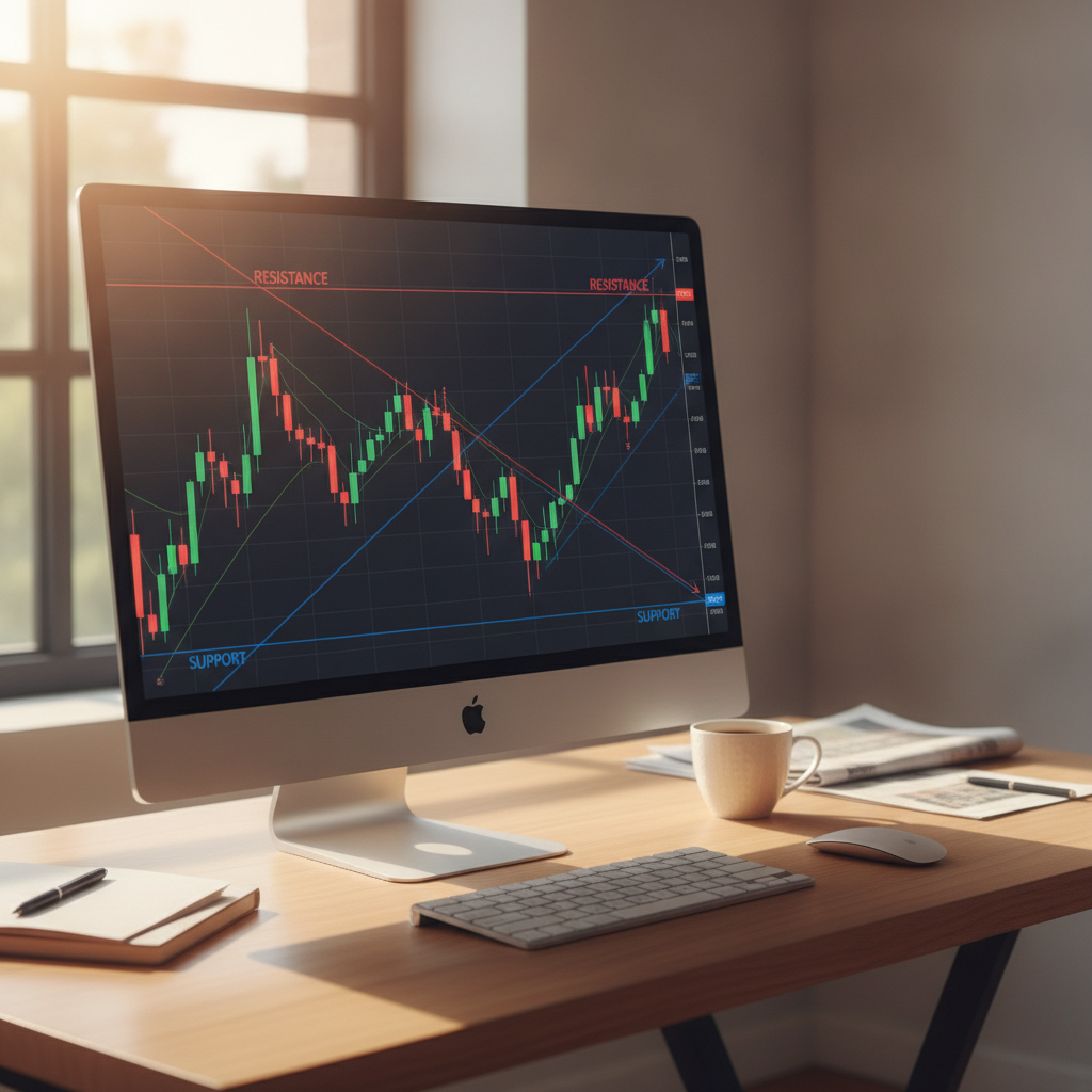 Stock chart showing support and resistance levels with trendlines