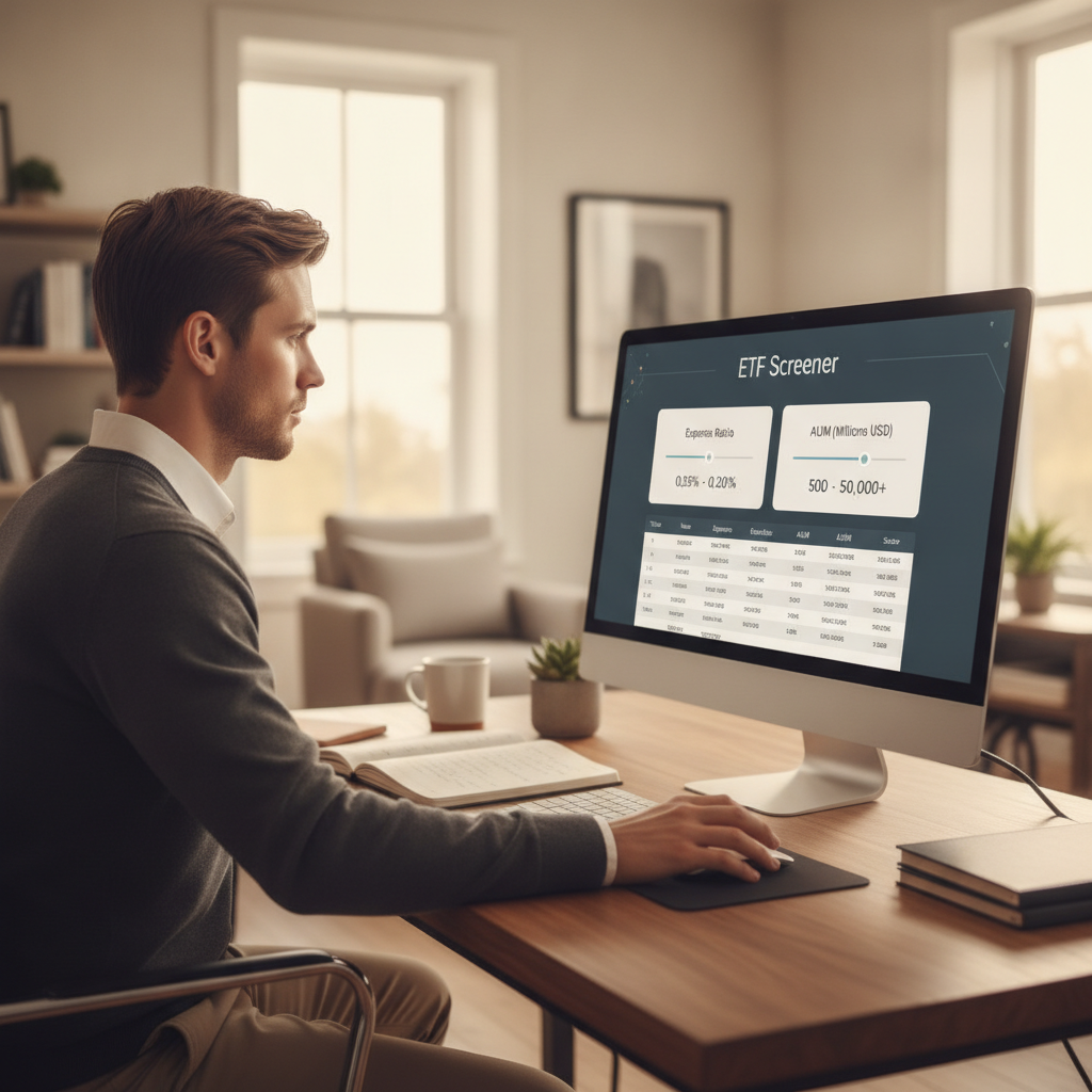 Investor using an ETF screener dashboard with filters for expense ratio and AUM