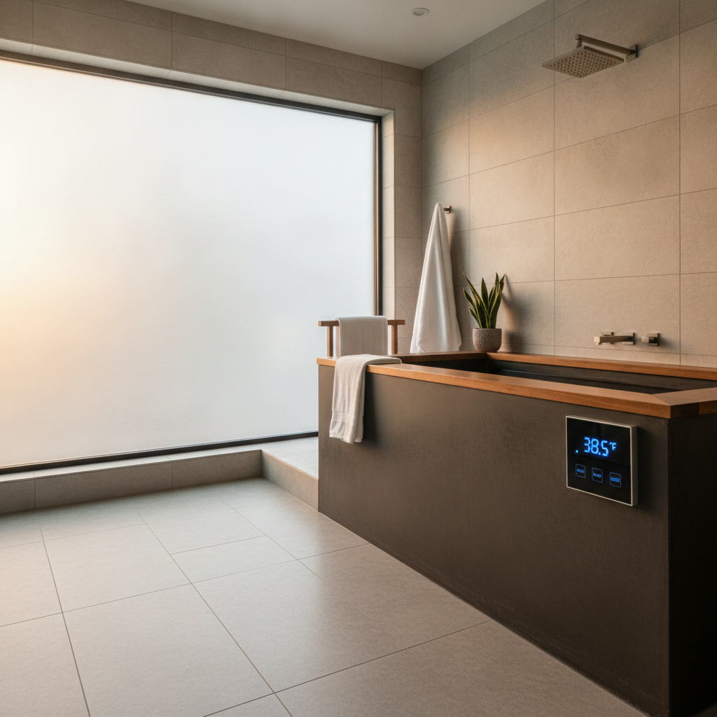 Modern home cold plunge system with digital temperature controller in a bathroom setting