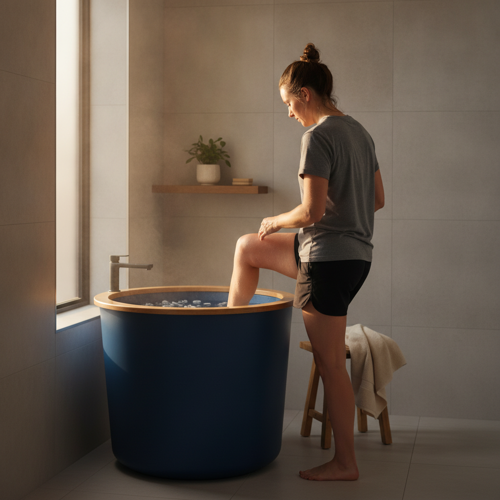Person stepping into a cold plunge bathtub setup at home for better sleep