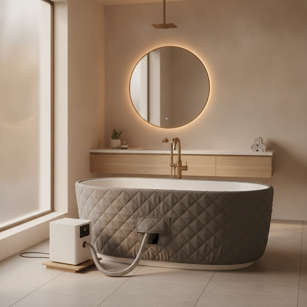 Modern bathroom showing a cold plunge chiller connected to an existing bathtub with insulating cover
