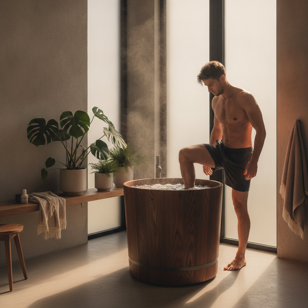 Person stepping into a cold plunge bathtub at home for immune system support