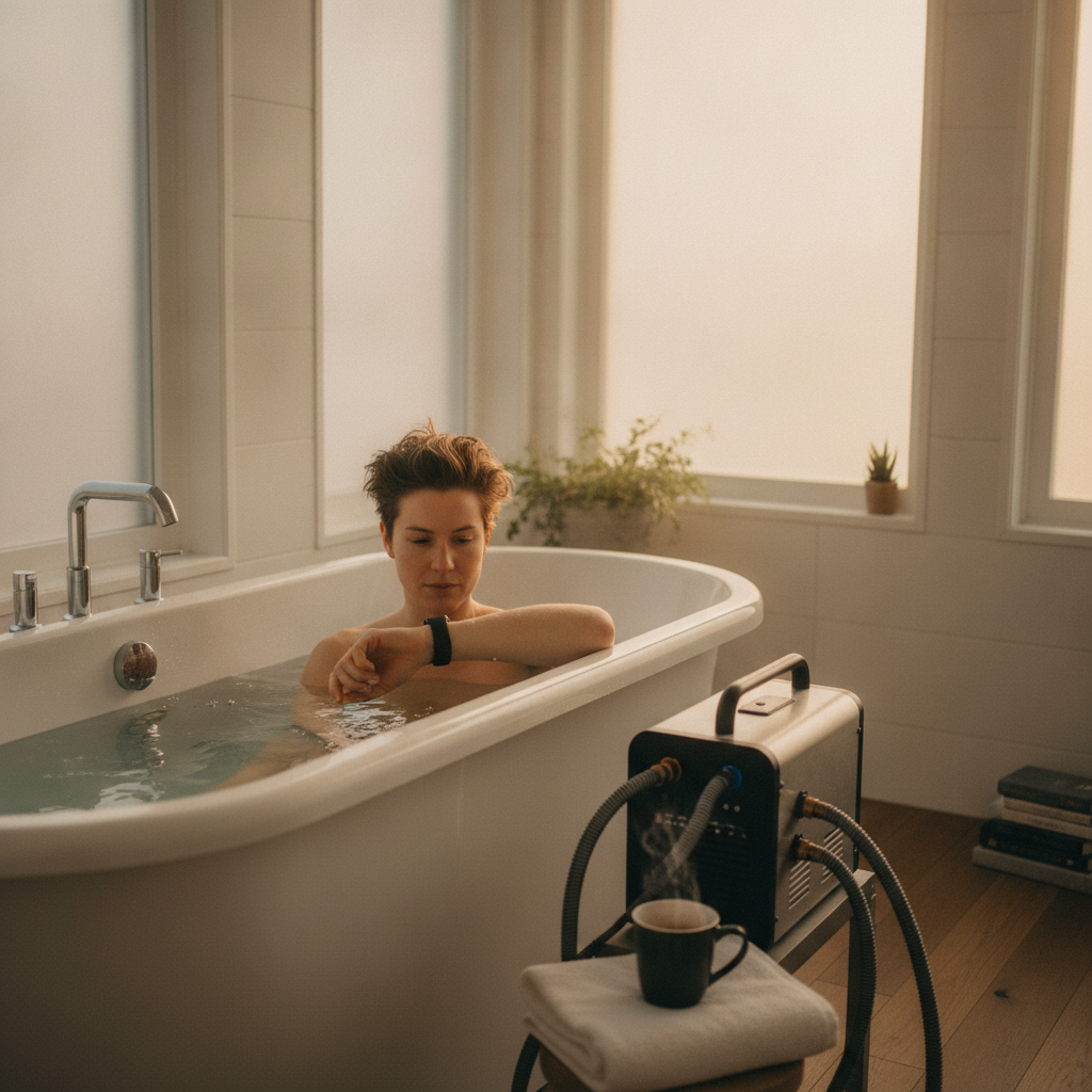 Person checking timer while cold plunging in a home bathtub setup with chiller