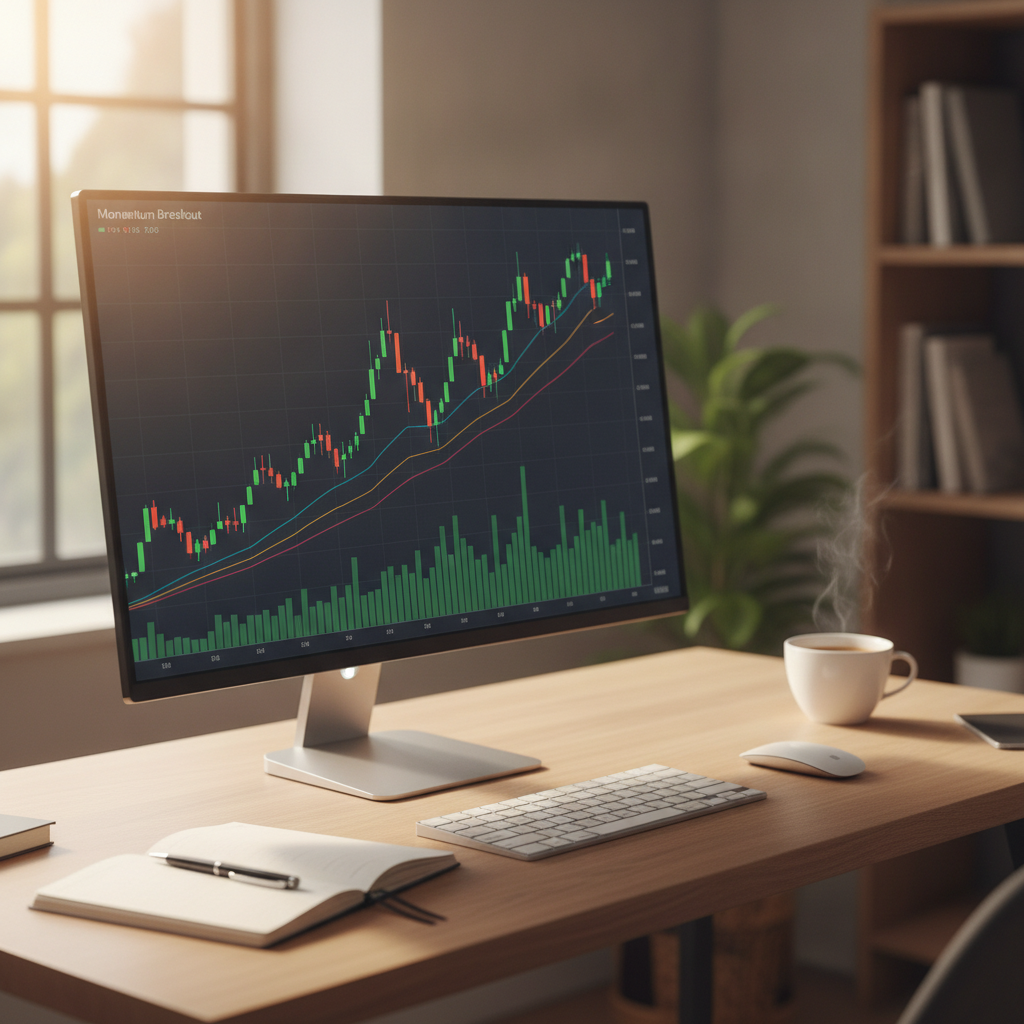 Stock chart showing a momentum breakout with rising volume bars and moving averages aligned for a beginner momentum trading strategy
