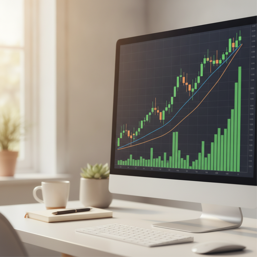 Momentum trading chart showing uptrend with volume confirmation and moving averages for beginners