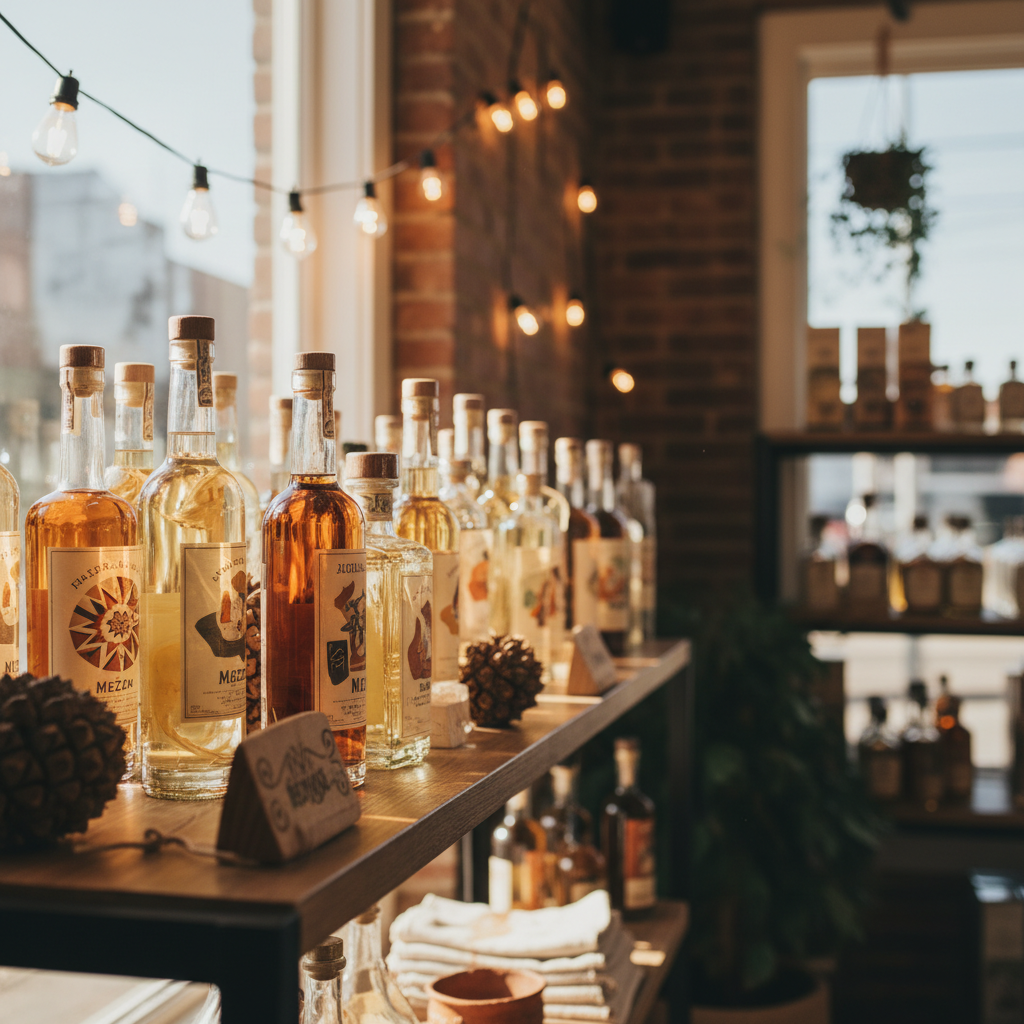 Assorted mezcal bottles on a specialty retail shelf in San Francisco, showcasing artisanal and ancestral expressions