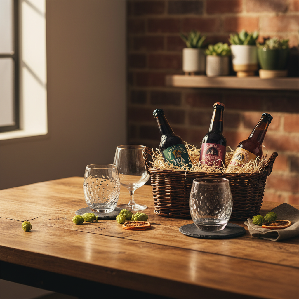 curated craft beer gift set from San Francisco local breweries displayed on a wooden table with artisan glassware