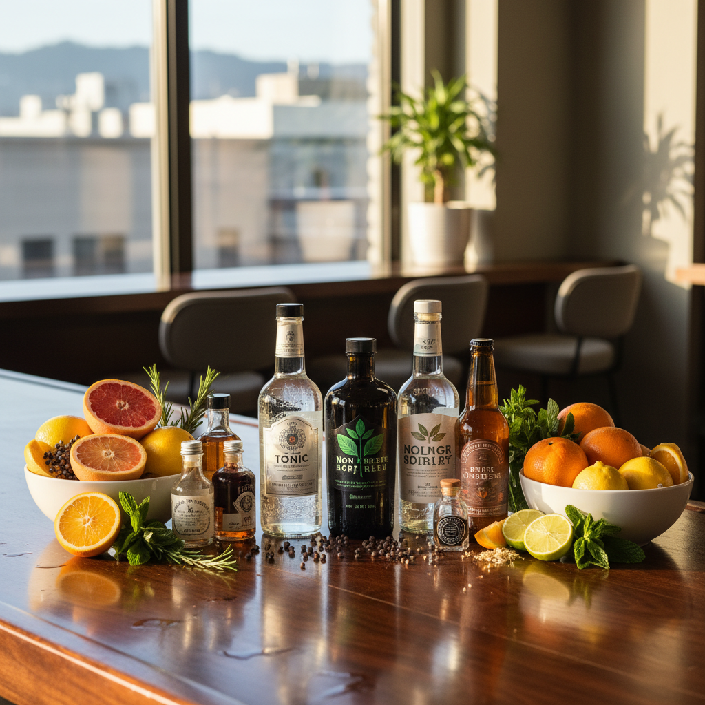 Array of premium zero proof cocktail ingredients including tonic water, fresh citrus, botanical spirits, and ginger beer arranged on a San Francisco bar counter