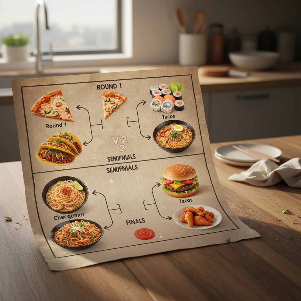 Bracket tournament showing food GOAT debates best dishes matchups including pizza, sushi, and tacos