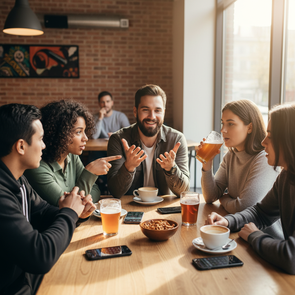 Friends debating sports GOAT topics around a table with phones and drinks