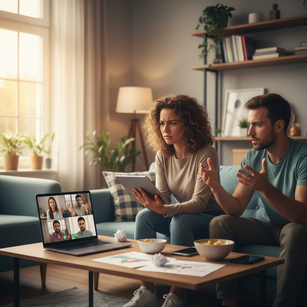 Friends video-chatting to resolve an online debate about sports rankings