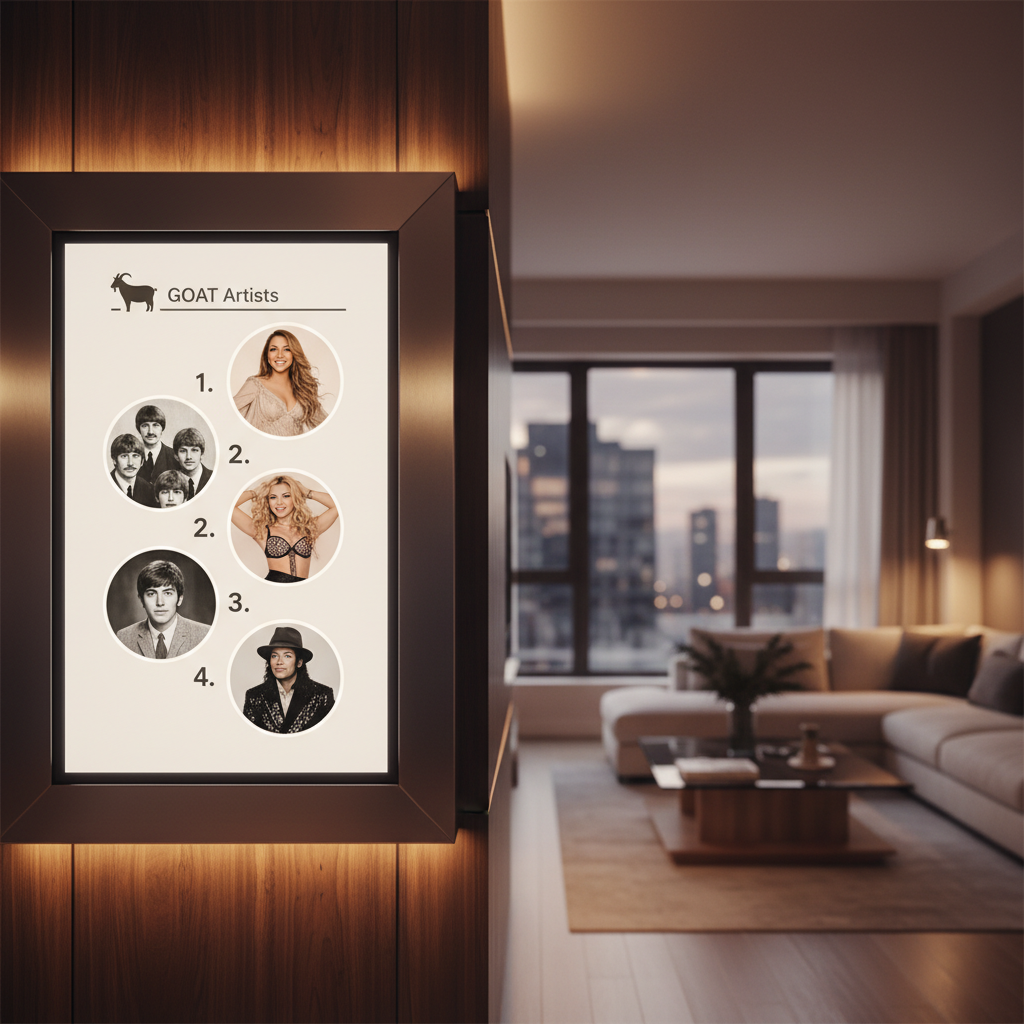 Billboard music GOAT artists ranking infographic showing The Beatles, Mariah Carey, Madonna, and Michael Jackson