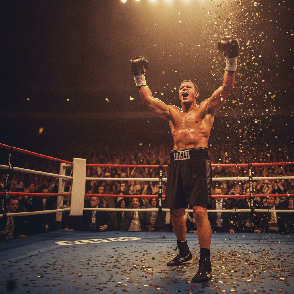 Boxing legend raising arms in victory symbolizing the origin of GOAT in sports