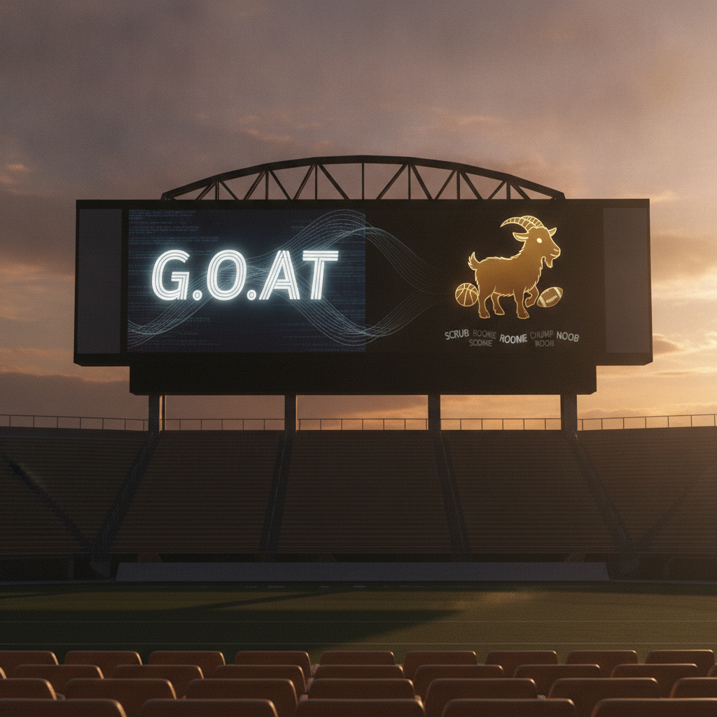 Stadium scoreboard contrasting GOAT acronym with traditional goat slang in sports