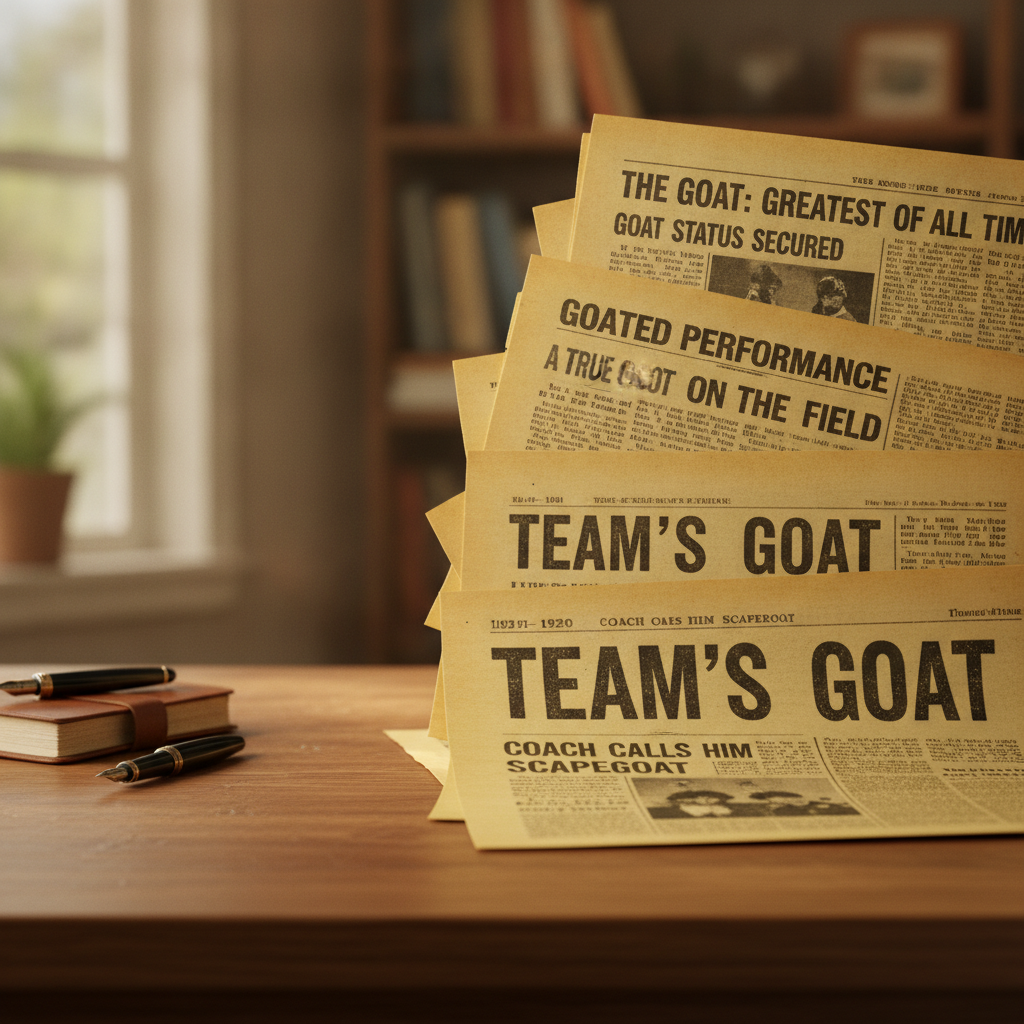 Vintage sports newspaper headlines showing the evolution of the word goat from scapegoat to greatest of all time