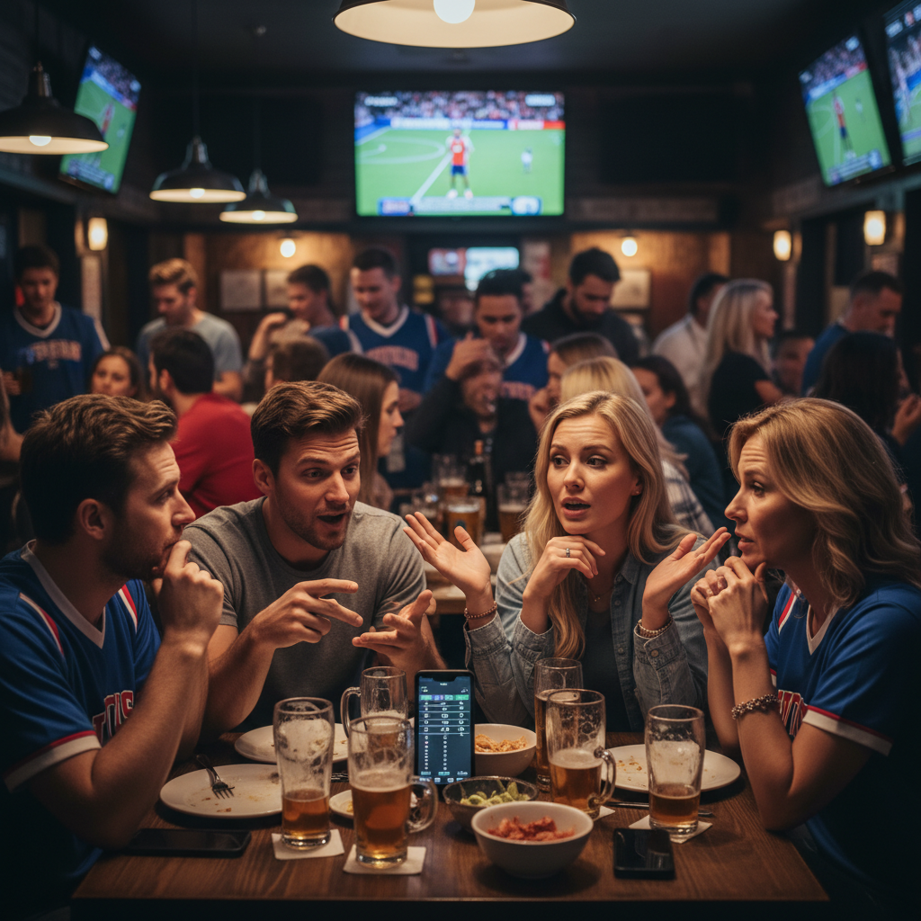 Sports fans passionately debating GOAT rankings in a crowded bar setting