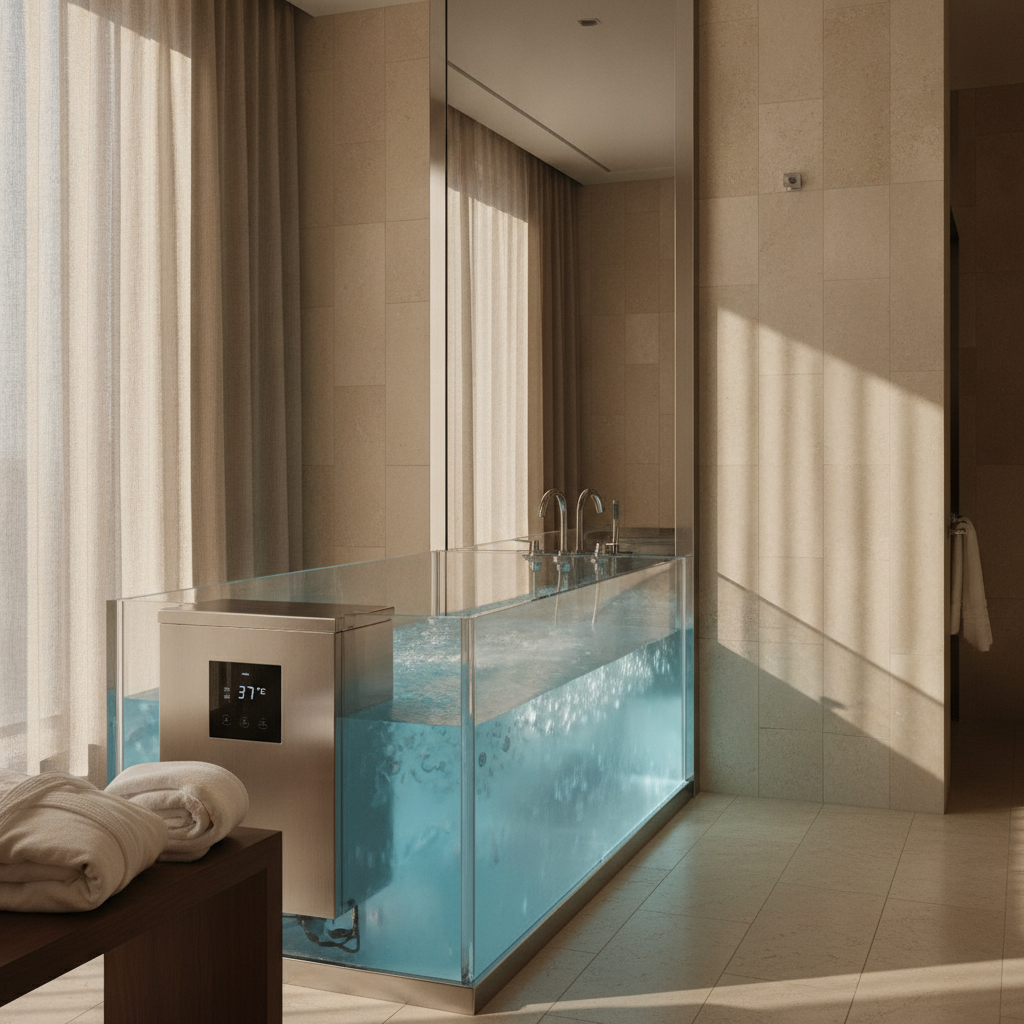 Rigid acrylic cold plunge tub with integrated chiller unit in a hotel bathroom setting