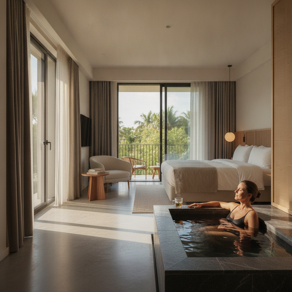 Guest enjoying a private cold plunge amenity for hotel rooms in a modern suite