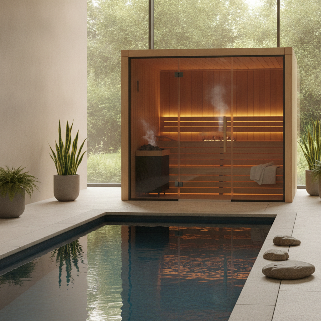 Hotel spa cold plunge pool with sauna in background representing cold plunge benefits for hotels