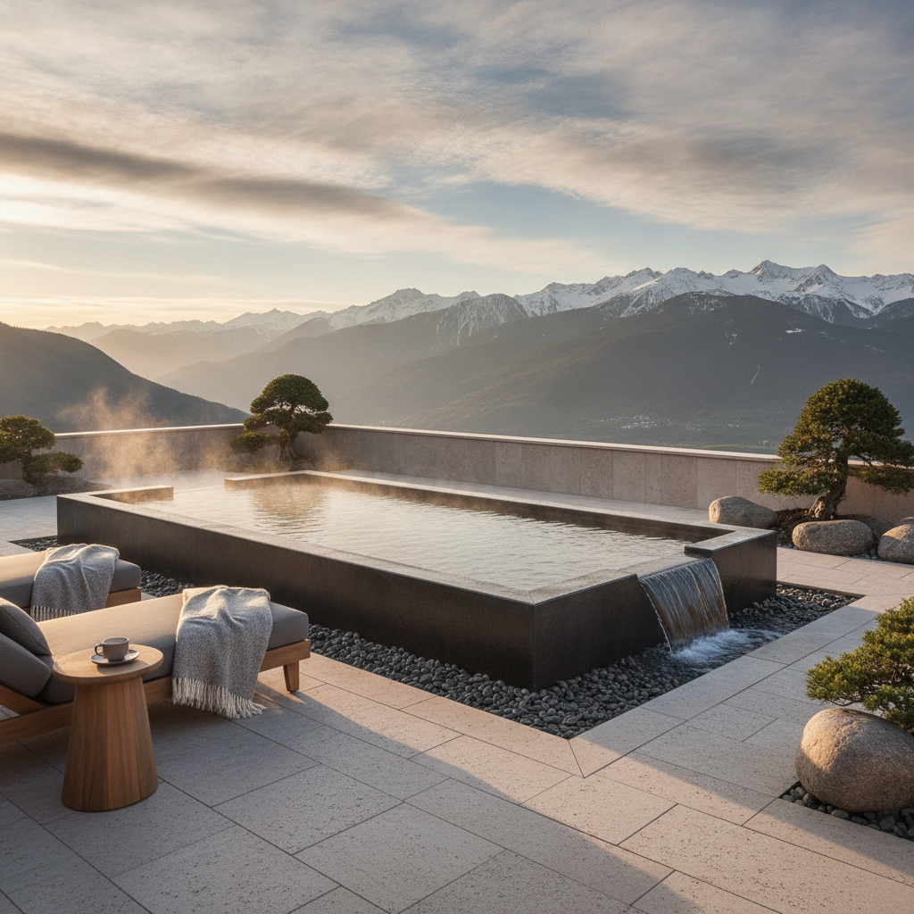 Outdoor cold plunge pool at a luxury resort spa terrace with mountain view