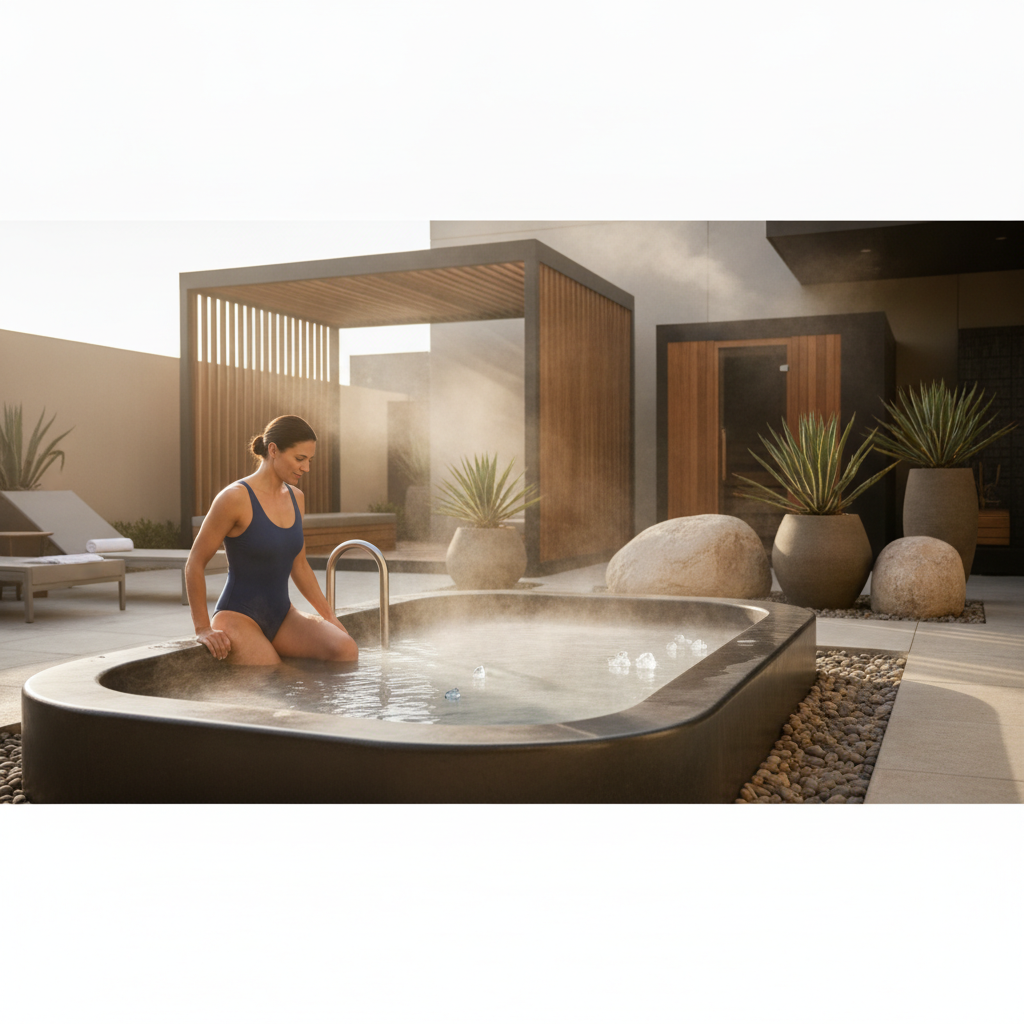 Hotel guest stepping into a cold plunge pool during a wellness session