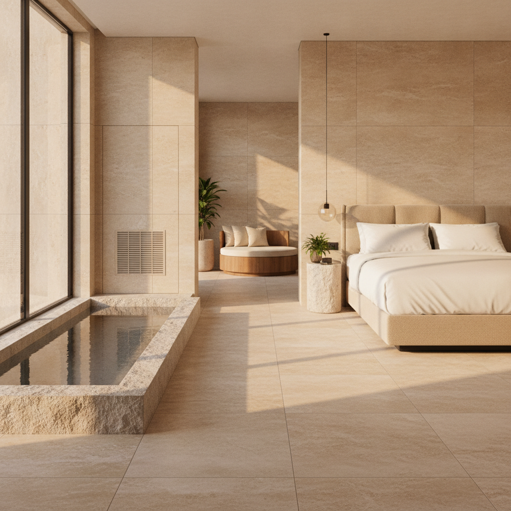 Modern cold plunge hotel room design with concealed chiller and warm stone finishes