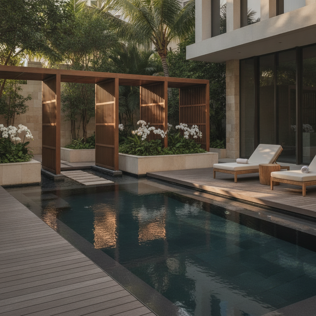 Architectural rendering of a cold plunge pool integrated into a luxury resort spa courtyard