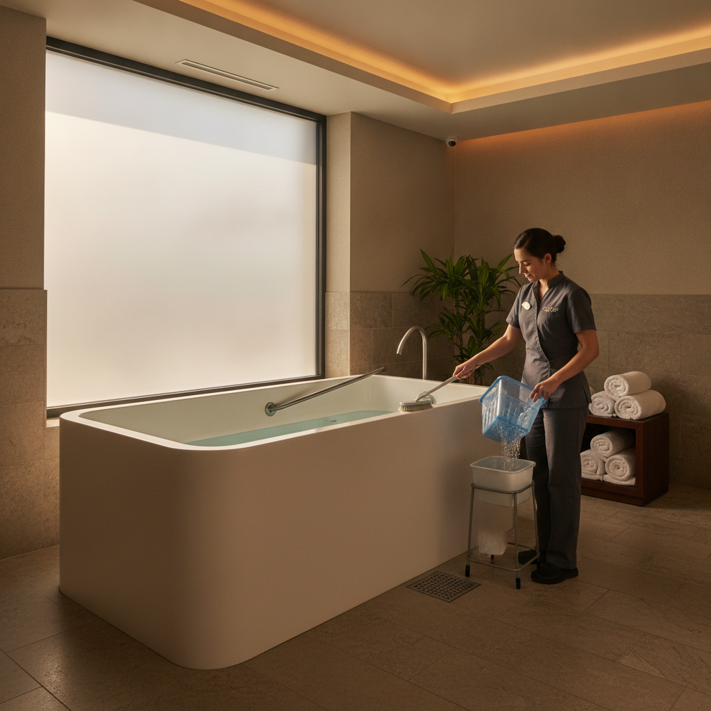 Hotel spa attendant performing a quick reset on an easy to clean hotel cold plunge between guest sessions