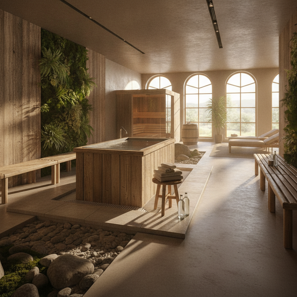 Hotel spa wellness area featuring an eco-friendly cold plunge for hotels with sustainable design elements