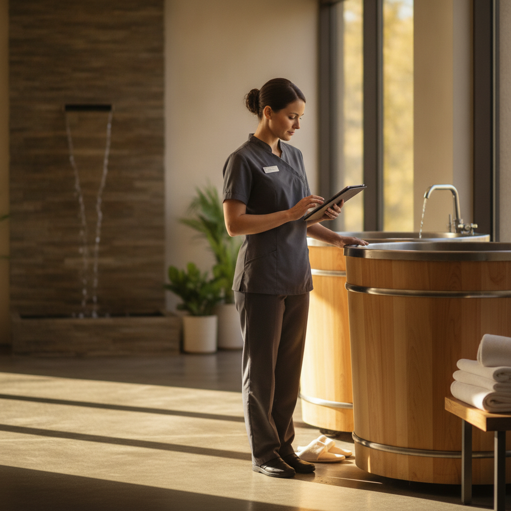 Hotel spa staff member reviewing a cold plunge safety checklist before guest use