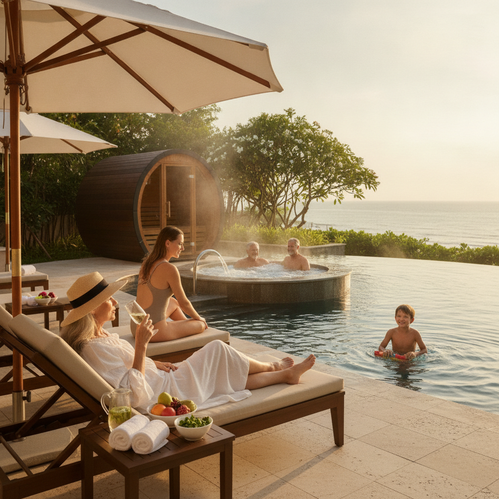 Family of three generations relaxing together at a hotel pool area with wellness amenities