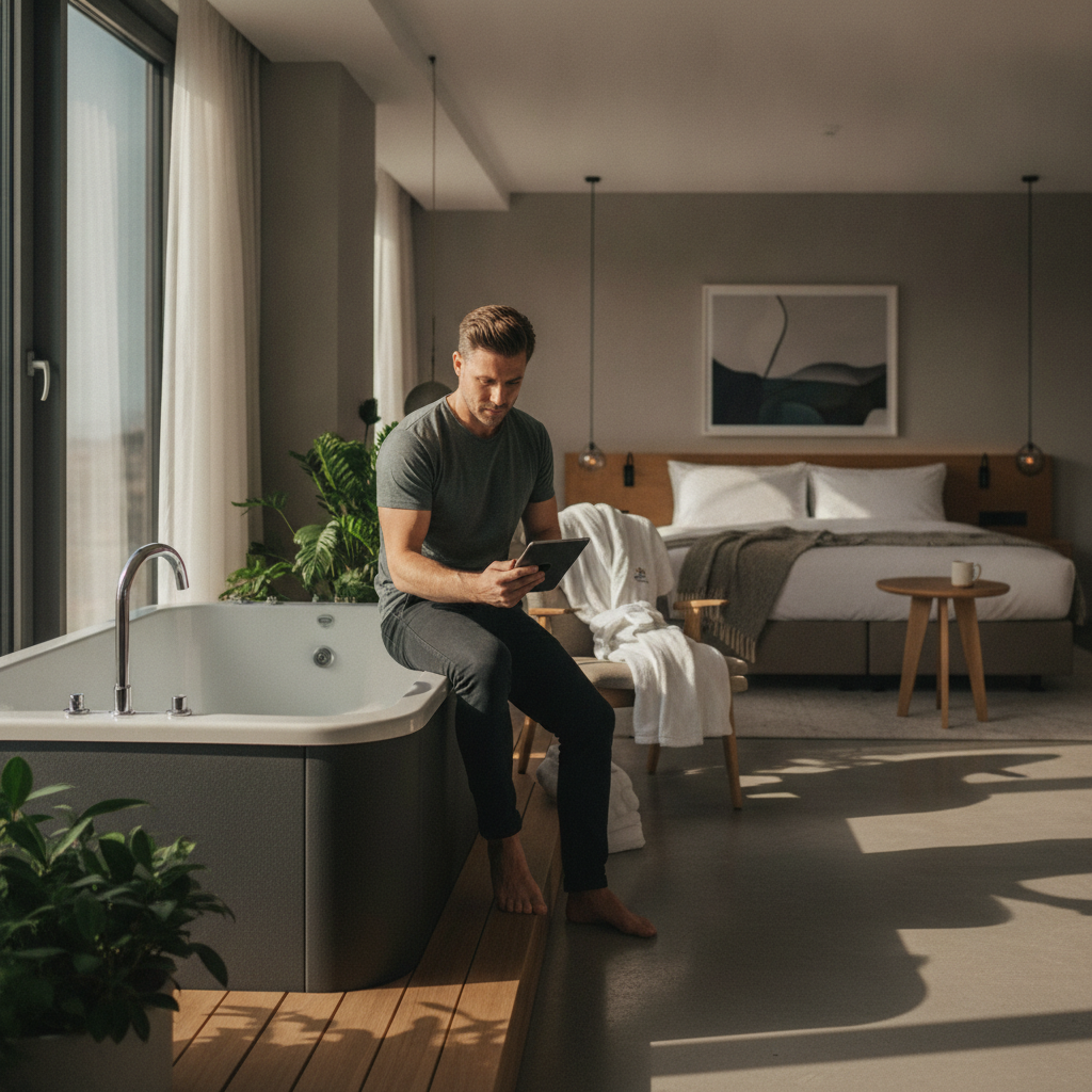 Hotel guest reviewing instructions before using an in-room cold plunge tub