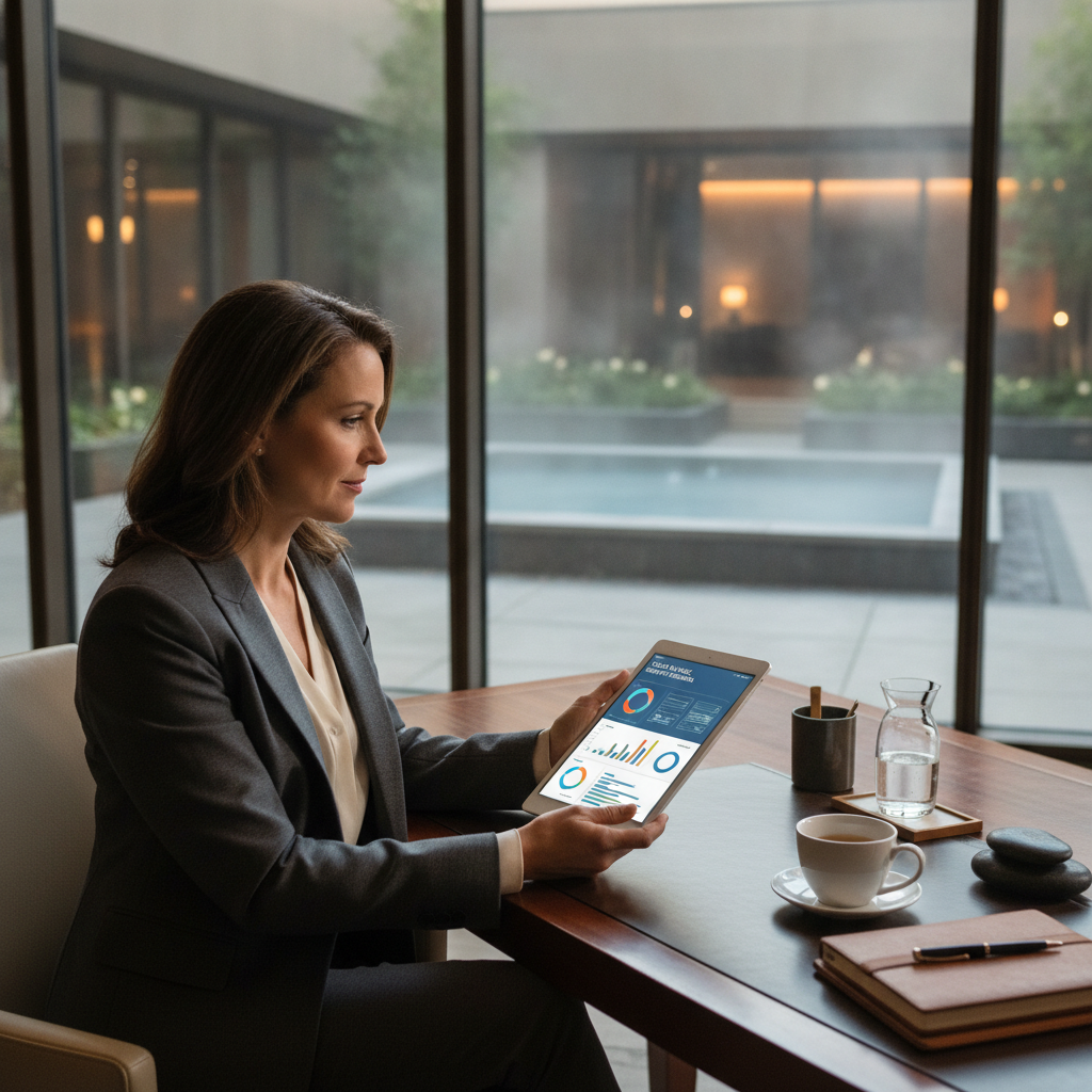 Hotel spa director reviewing guest feedback on hotel cold plunge amenity on a tablet dashboard