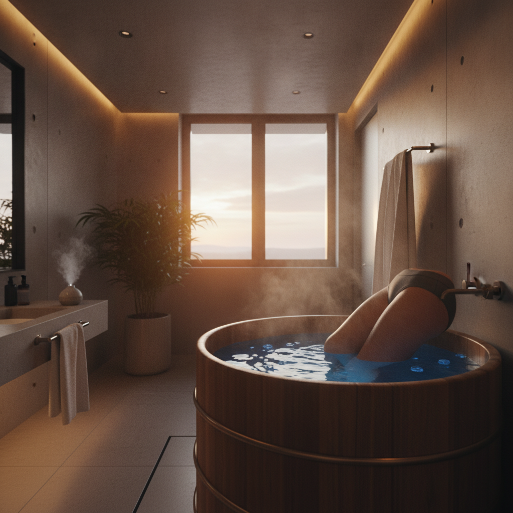 Hotel guest stepping into a cold plunge tub as part of an evening wellness routine
