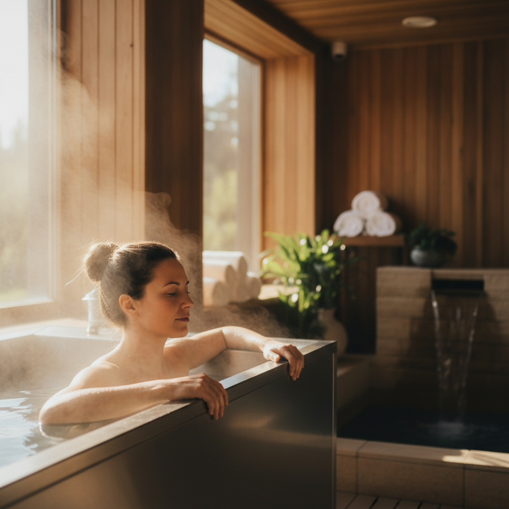Hotel spa guest using a commercial cold plunge tank as part of a wellness program